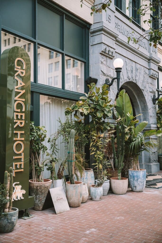 Granger Hotel Plant-filled exterior of Granger Hotel in Gaslamp Quarter in San Diego.