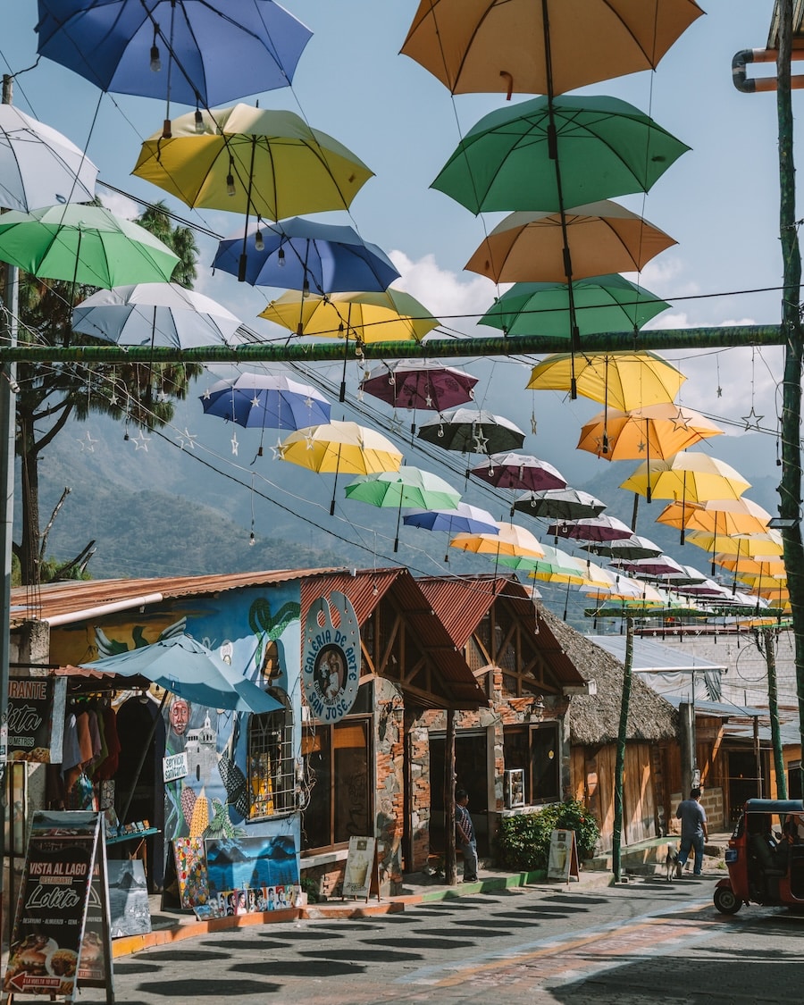 colorful umbrellas Street covered with colorful umbrellas in San Juan La Laguna