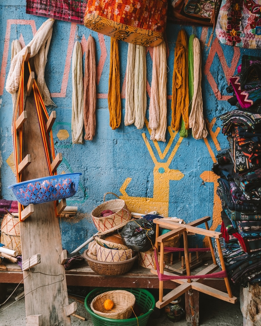 Woven handicrafts Woven handicrafts in Santa Catarina Palopó set against a cobalt blue wall