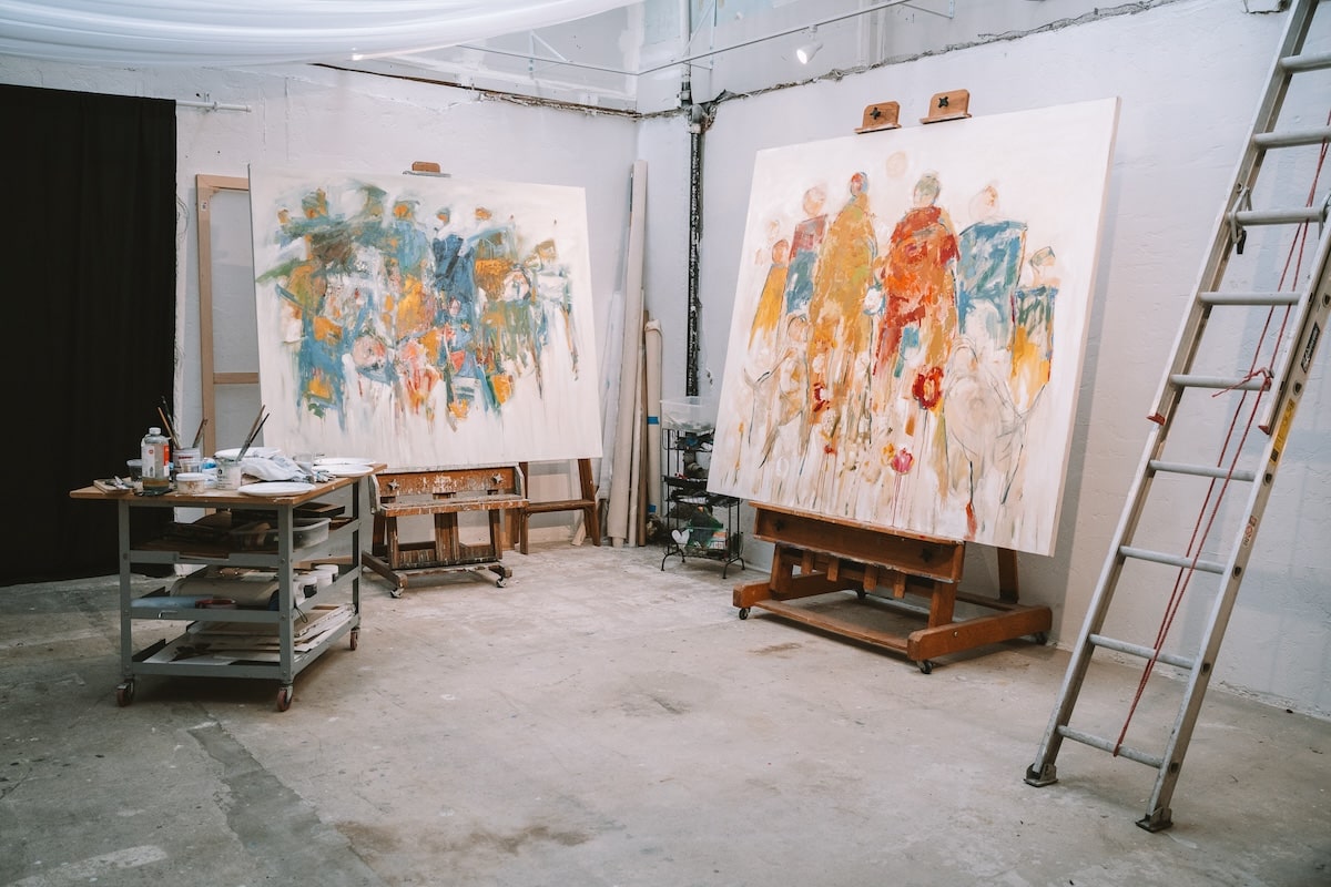Warehouse art studio Warehouse art studio inside the Granger Hotel with abstract art on easels