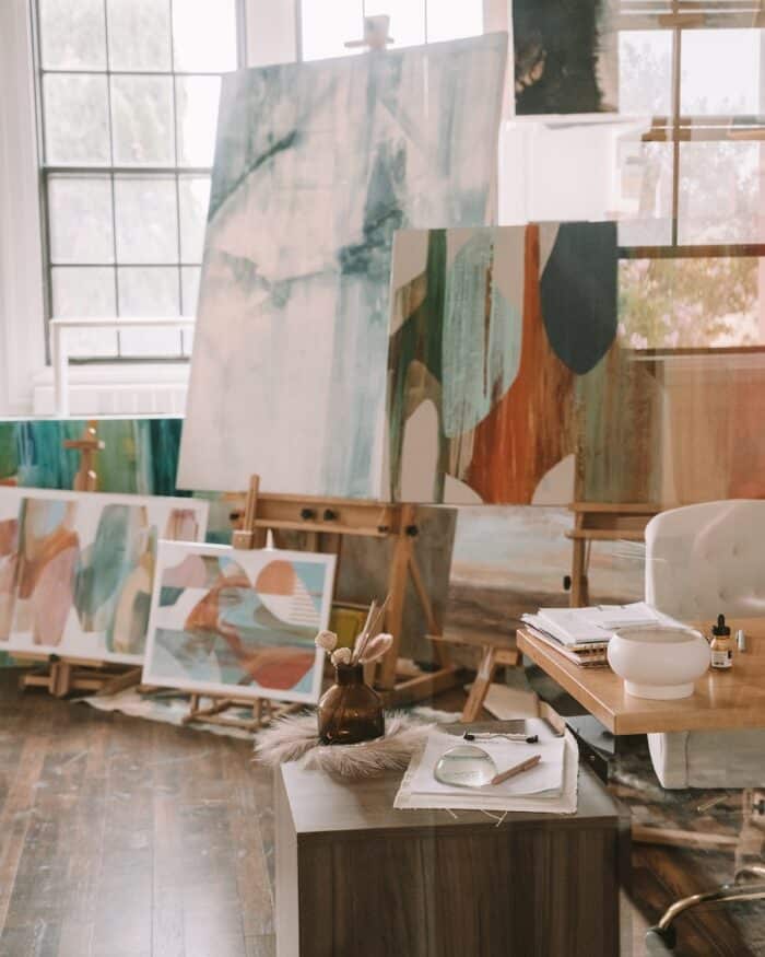 Abstract paintings Abstract paintings standing up on easels in one of the artist's studios in Liberty Station