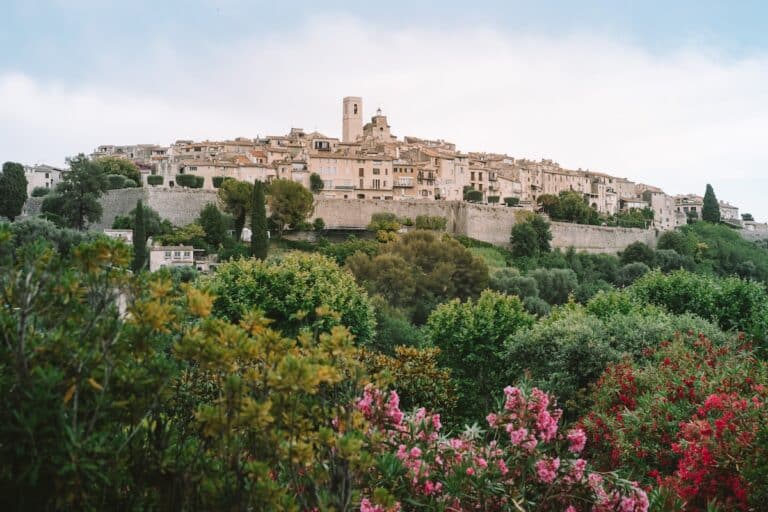 Distant landscape shot of the entire hillside village of Saint Paul de Vence in France