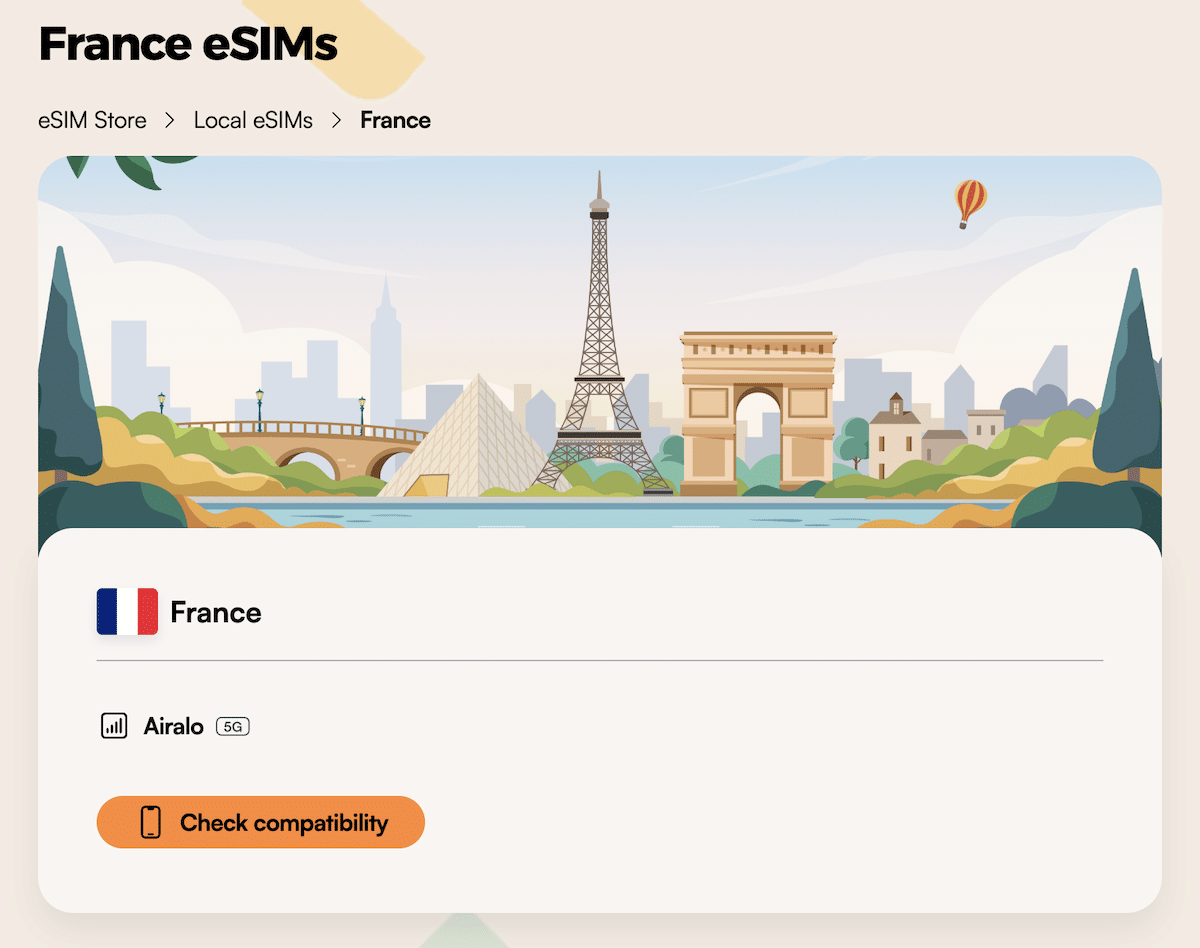 Airalo eSIM website Screenshot from the Airalo eSIM website about their France eSIM product