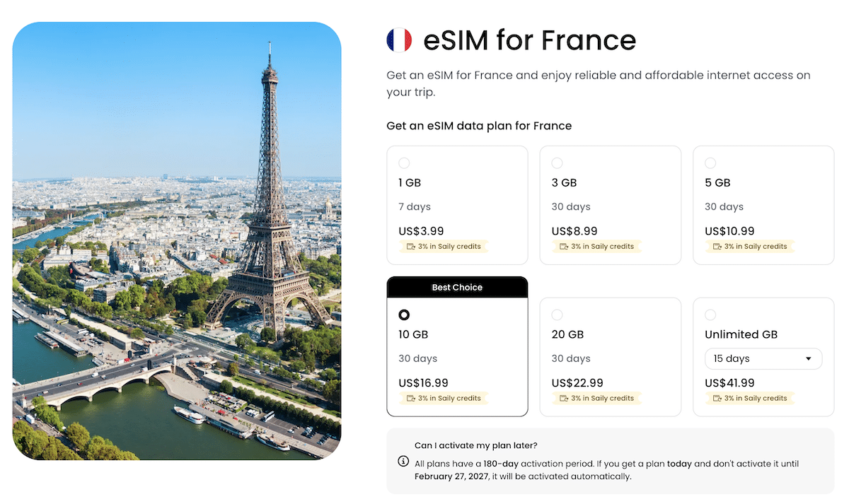 Saily France eSIM Screenshot from the Saily website about their France eSIM