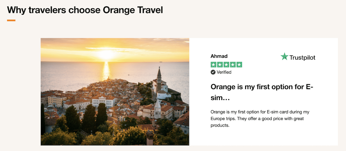 Orange Travel France eSim Screenshot from the Orange Travel website showing a review for their France eSIM