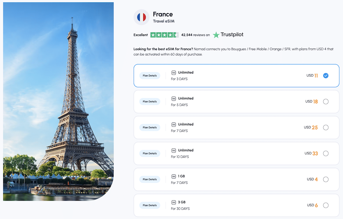 Nomad France eSIMs Screenshot from the Nomad website showcasing different prices for their France eSIMs