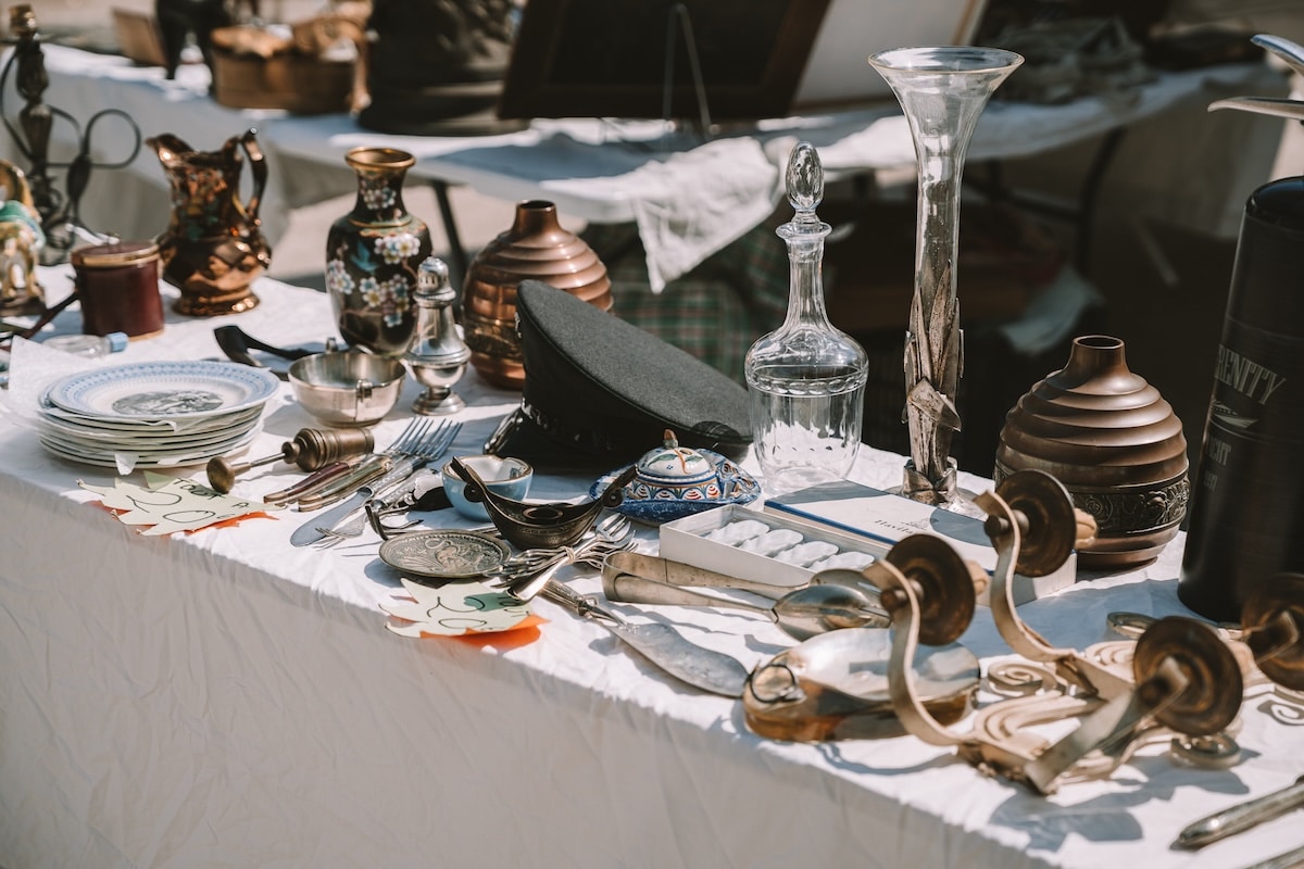 flea market Table filled with vintage finds from the flea market