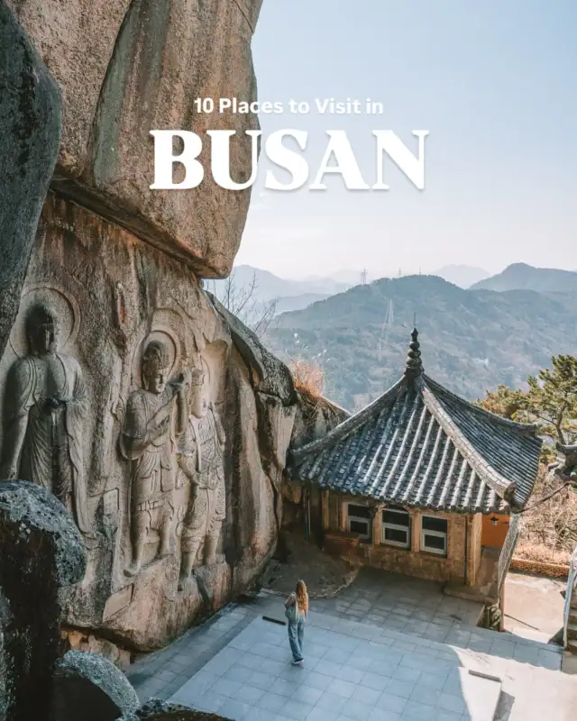 🇰🇷 10 PLACES TO VISIT IN BUSAN, SOUTH KOREA 
(Save this post for later 🌟)

1. Gamcheon Culture Village Once a modest mountainside community built by Korean War refugees, Gamcheon has been transformed into a cultural hub filled with colorful homes, and and winding alleyways. Pro tip: Head to the Avante Garde cafe for the best panoramic views of the village. 

2. Haeundae Blueline Park This scenic coastal train ride offers dreamy views of the ocean, cliffs, and shoreline—ideal for sunset! 

3. Haeundae Beach Arguably Korea’s most famous beach, Haeundae is a juxtaposition of soft sand, skyscraper views, and fun summer vibes in the warmer months. Head to the Dongbaekseom Island coastal trail where you can get a great vantage point. 

4. Oryukdo Islets These jagged sea stacks off Busan’s southern coast are a natural marvel. Depending on the tides, you can either view five or six islands on any given day. 

5. Haedong Yonggungsa Temple A rare seaside Buddhist temple built directly on ocean cliffs. Definitely come here early in the day for the most peaceful atmosphere. 

6. Simmian Cafe This tucked away cafe features a Japanese inspired menu and super zen architecture. For matcha lovers, this one is a must and is just a stone’s throw from the ocean. 

7. Dongbaekseom Island A peaceful nature trail near Haeundae lined with camellia trees, lighthouses, and views of Gwangan Bridge—perfect for a golden hour stroll.

8. Arte Museum On a gloomy day, this is a perfect afternoon adventure where immersive light, sound, and art projections transform every room into a surreal sensory experience.

9. Samgwangsa Temple Famous for its dazzling lantern festival, this massive hillside temple is a peaceful spot year-round—and lights up with lantern magic during celebrations.

10. Seokbulsa Temple A hidden gem carved into a mountainside, Seokbulsa rewards visitors after a quick 20 minute hike with towering stone Buddha reliefs and epic views over Busan on a clear day. This one is a bit off-the-beaten path but SO worth the extra effort to get to. It was one of my favorite places in Busan!